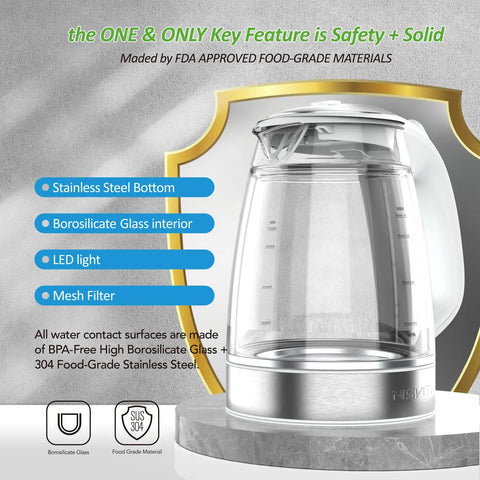 Dual Wall Cool Touch Electric Kettle With Borosilicate Glass Inner, 1.7L, stainless steel base, clear lid, side view