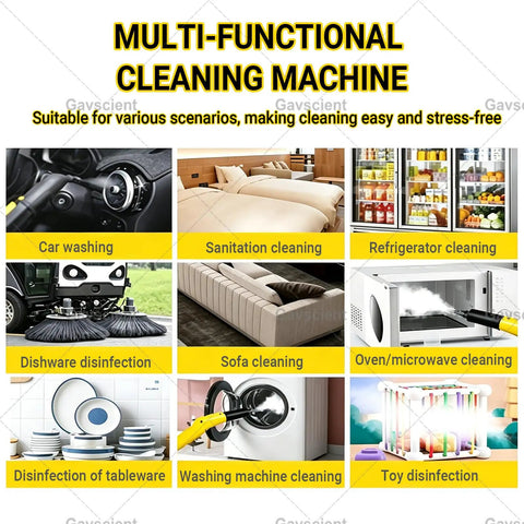 Gavscient Portable Steam Cleaner With Six Brush Heads Heavy Duty Hot Steam Machine For Kitchen Home Bedroom Bathroom Tile Grout Upholstery Carpet Cleaning Car Detailing And Floor Care High Performance Yellow used for multi-functional cleaning scenarios.
