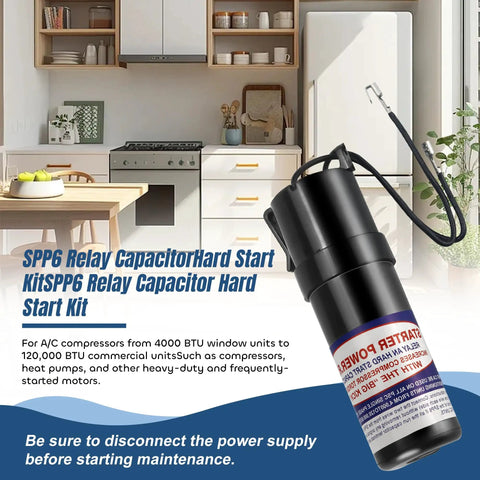 Heavy Duty Hard Start Capacitor For AC Compressor in kitchen setting, enhances startup for 4000-120000 BTU units.