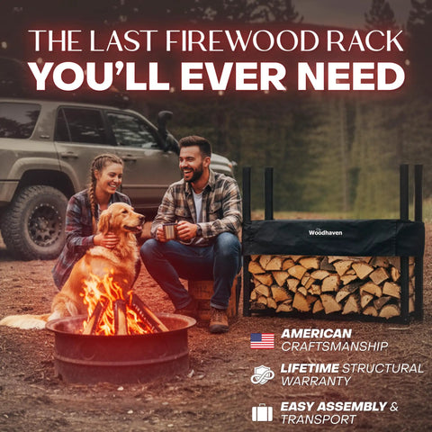Camping scene with couple, dog, fire pit next to Built Tough Indoor Outdoor Firewood Rack Set, Heavy Duty Steel Log Storage Holder