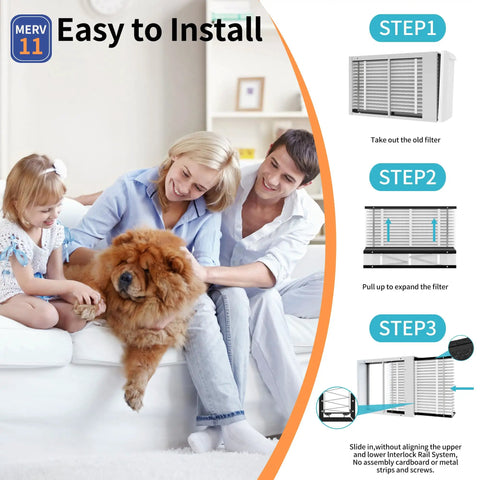 Family sitting with dog next to 2 Pack 210 Replacement Filter For 210 Series Home Air Purifiers Compatible With 1210 1620 2210 2216 3210 4200 MERV 11 HVAC Furnace Filter 20x25x4 Improves Indoor Air Quality