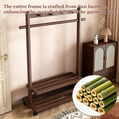 Heavy Duty Bamboo Rolling Clothing Rack With Wheels And Storage Shelves Hella Sturdy Garment Stand Featuring Five Durable Hooks For Versatile Decor, close-up of Nan bamboo construction.