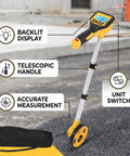 Smooth Roll Digital Measuring Wheel With Zero Hassle Readout Quick Switchable Foot Or Meter Units For Straight Shot Accuracy On Any Construction Site Or Backyard Tally showing backlit display and telescopic handle.