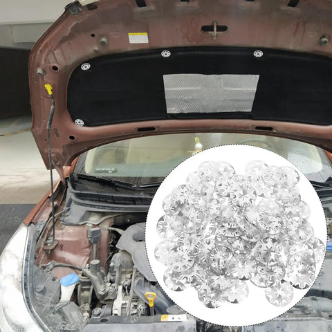 Car hood with 100 Pc Car Hood Insulation Heat Plate Discs Kit with iron internal tooth lock washers and silver rigid fasteners