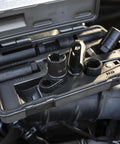 Pro Grade Sensor And Sending Socket Set For Oxygen Sensors And Vacuum Switches Three Eighths Drive Includes Seven Eighths Slotted Socket For O2 Units And Twenty Two Millimeter Sensor Uni Socket Eight Piece Kit in open case shown in engine setting