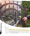 Rock Solid Spring Loaded Gate Wheel Heavy Duty 75kg Black Steel Caster shown on a wrought iron gate for easy operation.