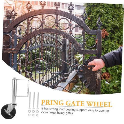 Rock Solid Spring Loaded Gate Wheel Heavy Duty 75kg Black Steel Caster shown on a wrought iron gate for easy operation.