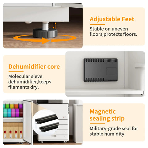 Beat The Humidity Beast 3D Printer Stand Filament Storage Cabinet With Active Dehumidification For Up To Forty Rolls Of PLA ABS TPU Nylon showing adjustable feet and dehumidifier core.