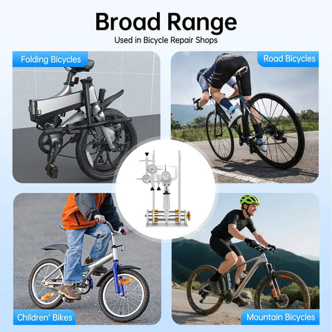 Pro Grade Bicycle Wheel Stand For Repair And Truing shown with folding, road, children's, and mountain bikes