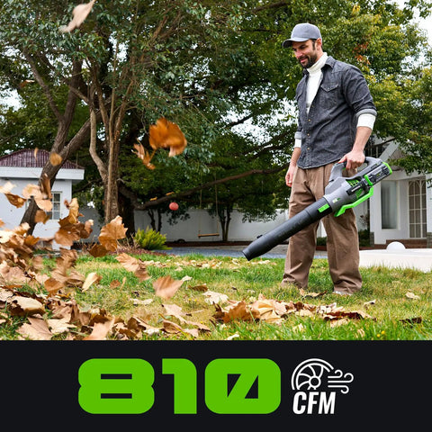 Man using Cordless 60V Electric Leaf Blower With 810 CFM And Variable Speed, Includes 2.5Ah Battery And Charger on fallen leaves