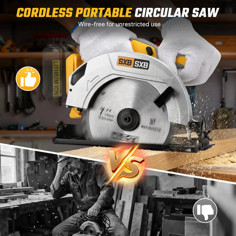 Heavy Duty Workhorse 7 Inch Brushless Cordless Circular Saw With Right Bevel Design And 8000 Rpm Spin cutting through wood.