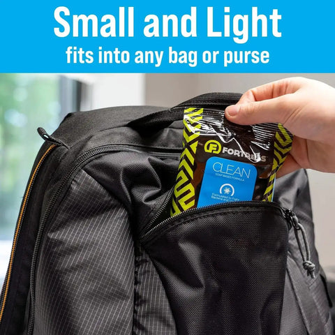 On The Go Tech Wipes Pack Of 3, 25 Count Each, Travel Size Skin Safe Clean For Screens Phones Keyboards Monitors TVs And More shown being placed in backpack pocket