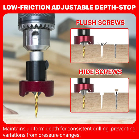 Kick Up Precision Carbide Countersink Drill Bit With Free Spin Depth Stop, showing adjustable depth stop for flush and hidden screws.