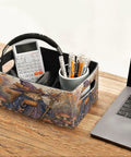 Premium Felt Collapsible Storage Bins For Shelves Heavy Duty Foldable Closet Organizers Super Snazzy Basket Set For Tight Rooms Space Saving Real Game Changer Kit holding office supplies on a desk.