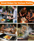Collage of Outdoor Grill Basket For Barbecue Lovers With Removable Handle Portable BBQ Set in use at a backyard party