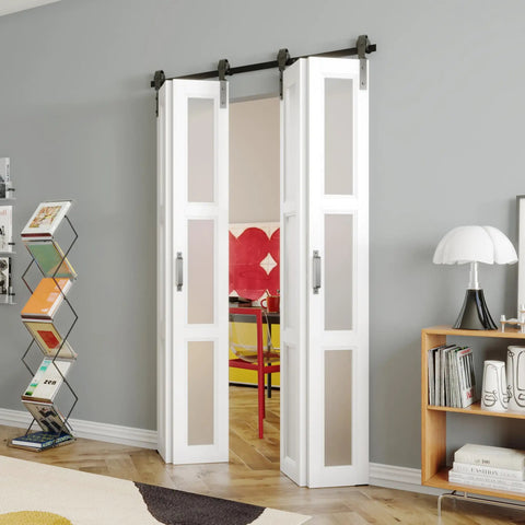Kick Up Your Home Game With This Slick Bifold Barn Door 48 By 84 Inches Featuring Tempered Frosted Glass Panels Plus Complete Wall Track Hardware Kit That Glides Smooth And Folds Back Tight For Laundry Closets And Pantries. Bifold barn doors with frosted glass in modern interior setting.