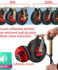 Kickass Industrial Pneumatic Casters With Locking Brake Set Of 4 showing 8in and 10in inflatable wheels with a pump.