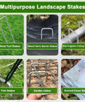 Image showing applications of Heavy Duty Tough As Nails 11 Gauge 6 Inch Landscape Staples for garden and lawn installations.