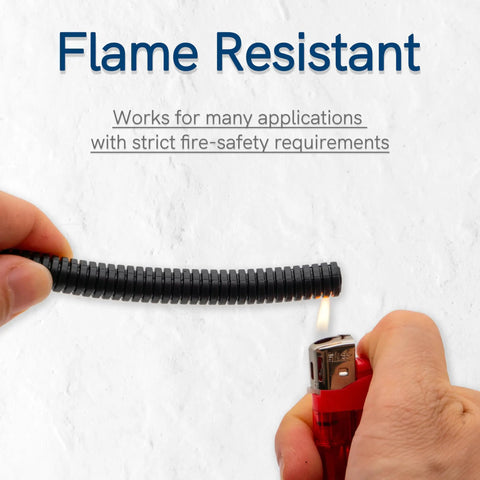 Testing flame resistance on 30 Feet Flame Retardant Split Wire Loom Tubing One Quarter Inch Inner Diameter Black Cable Sleeve Protectors.
