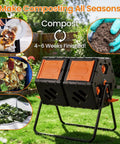 Double Chamber Rotating Compost Tumbler 170L Outdoor Bin With Elevated Base on lawn, showing orange and black compartments.