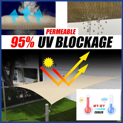 Beige Right Triangle Shade Sail 12x12x17 UPF 50 Plus UV Block 200GSM Heavy Duty Breathable HDPE Canopy installed over patio
