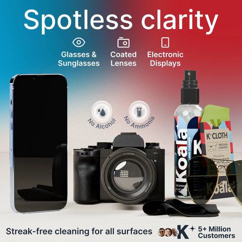 Koala eyeglass cleaner spray kit, front view: alcohol-free cleaner bottle and microfiber cloth; 2-piece set for glasses, screens, cameras.