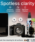 Front view: Koala Eyeglass Lens Cleaner Spray Kit, 6-piece with 2x8oz bottles, 1x2oz bottle, 3 microfiber cloths, alcohol-free