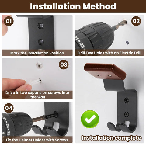 Installation method for Badass Solid Wood And Steel Motorcycle Helmet Holder Wall Mount 4 Pack heavy duty bike helmet rack.