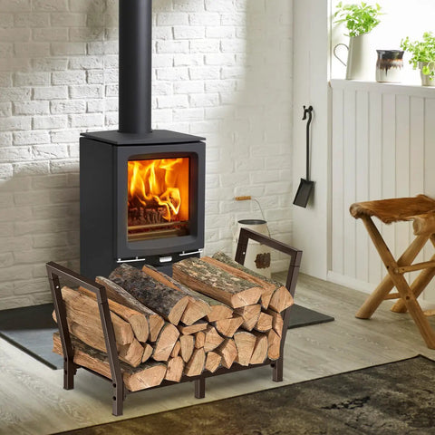 34 Inch Outdoor Indoor Firewood Rack With Bronze Finish Heavy Duty Wood Storage Stand For Fireplace Logs near wood stove