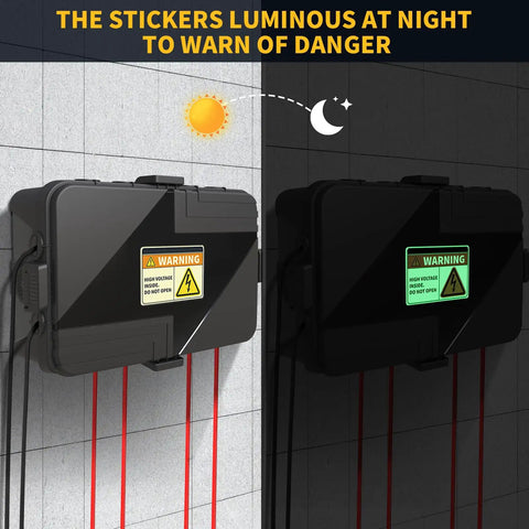 Huge Outdoor Electrical Box Waterproof 12 Inch X8 Inch X5 Inch Heavy Duty IP54 Weatherproof Extension Cord Cover With 8 Cable Entry For Power Strips Outlet Plugs And Holiday Lights Rain Protection That Will Kick Butt Black with luminous warning stickers on display.