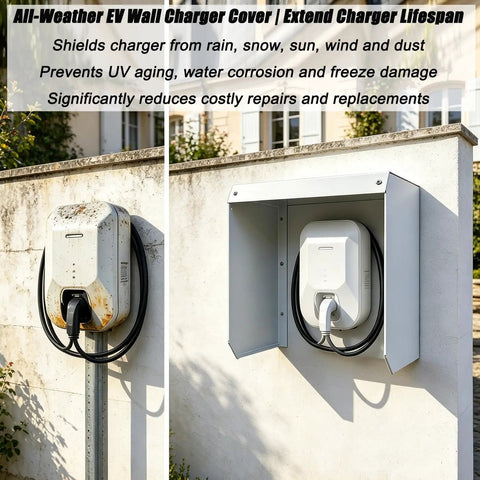 Heavy Duty Weatherproof EV Charger Cover Road Warrior Metal Wall Mount Shield Rust Proof Outdoor Protective Enclosure Built Tough As Nails For All Season Electric Vehicle Charging Stations side view showing wall-mounted charger protection.