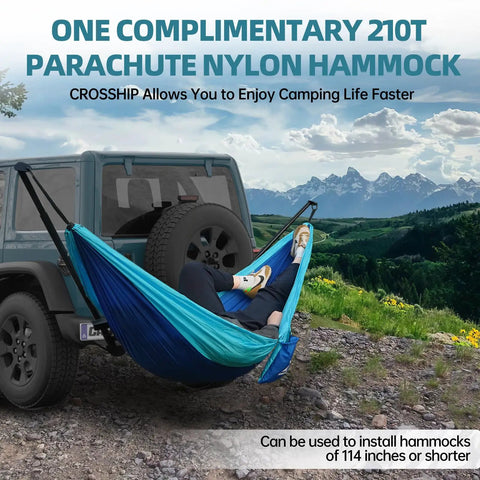 Beefed Up Hitch Mount Hammock Stand With Parachute Nylon Hammock And Storage Bag for 2 Inch Receiver attached to SUV outdoors