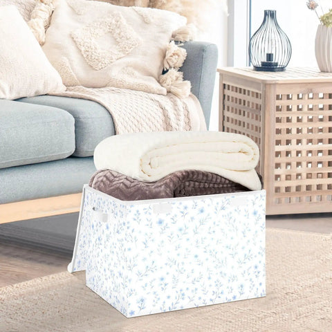 Built Tight Foldable Storage Bin With Heavy Duty Handles And Velcro Close Top For No Sweat Organization. Collapsible box holding three blankets.