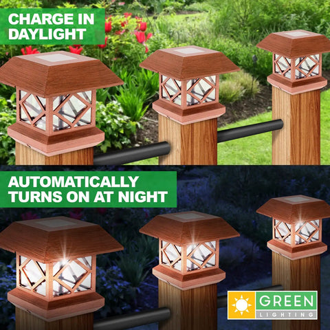 Outdoor Solar Post Cap Lights For 4x4 Wood Posts Brushed Copper Finish 12 Pack showcased by day and night with floral garden setting