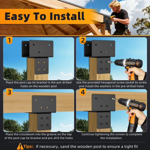 Stainless Steel Post To Beam Connector Bracket Set For Wood Posts 4x4 Actual 3.5 By 3.5 Inches 2 Pack Tie Bracket For Pergolas Gazebos Decks Porches Heavy Duty Black Secure Connection For Outdoor Structures installation process step by step.