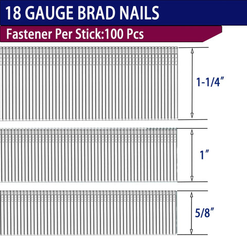 Pro Level 18 Gauge Narrow Crown Staples And Brad Nails Assortment Kit 4200 Pieces showing different sizes of brad nails.