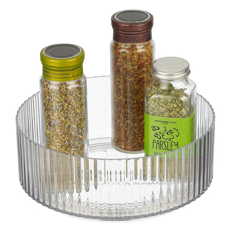 Clear 9 inch round Two Pack Fluted Lazy Susan Plastic Spinner Turntable for kitchen counter organizing spices jars.