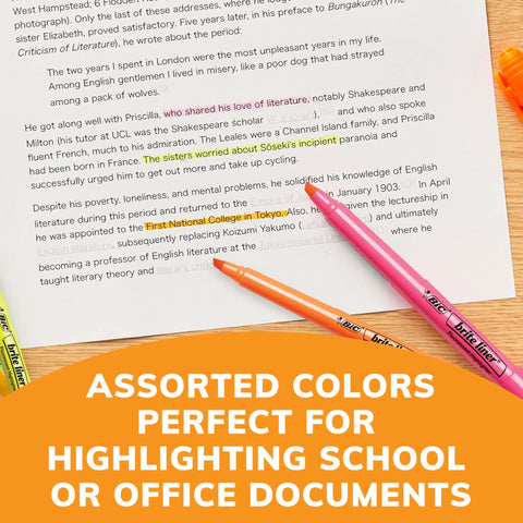 Fresh Chisel Tip Highlighters In Assorted Fluorescent Shades With Smooth Glide Ink on study notes and textbook.