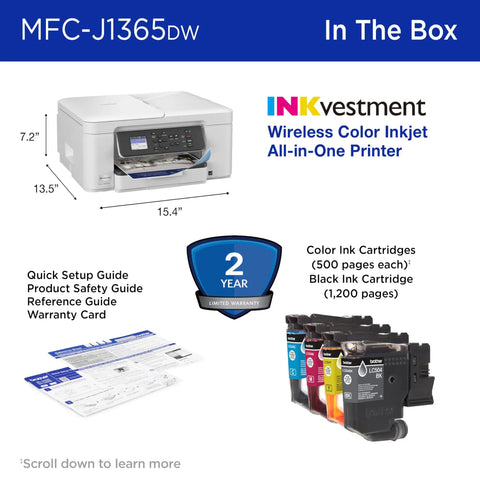 INKvestment 1365 Wireless Color Inkjet All In One Printer With Automatic Duplex Printing And 1.8 Inch Color Display included items