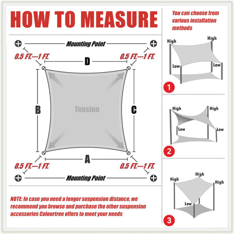Diagram of how to measure mounting points for Red 8x12 Ft Rectangle Shade Sail Canopy UV Block UV Resistant Dope Heavy Duty.