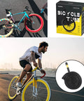 Cyclist riding bike with yellow wheels, image of Two Pack 26 Inch Bike Tubes 26x2.125 To 26x2.40 Built To Last Heavy Duty Butyl Inner Tubes With 48mm Schrader Valve Includes 2 Tire Levers For Road And Mountain Bikes box and product