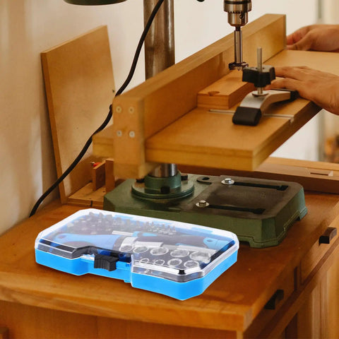 Gutsy Heavy Duty Ratchet Socket Wrench Kit With Extra Screwdriver Bits And A Snap Shut Carry Case on a workshop table.