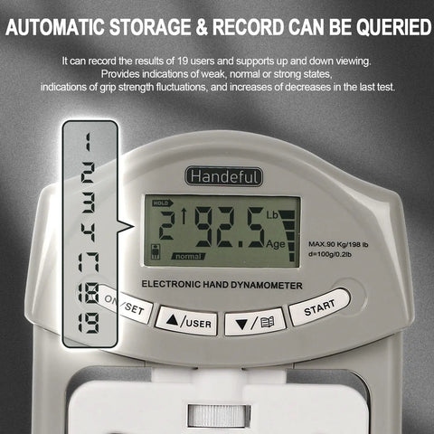 Close-up of Heavy Duty Digital Hand Grip Strength Tester 198 Pound Capacity Pro Dynamometer displaying strength readings on screen.