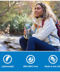 Rugged 32 Oz Wide Mouth Reusable Water Bottle With Tight Seal Black Lid For Travel Workout And Trail Runs, held by hiker outdoors.
