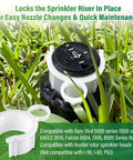 5 Piece Sprinkler Head Tool Kit For Lawn Irrigation DIY Friendly All In One Set Including Pull Up Tool Rotor Adjustment Screwdriver Nozzle Insertion Collar Nozzle Tools And Sprinkler Key For Hunter Rain Bird MP PGP Sprinklers, showing nozzle insertion collar on sprinkler head in grass.