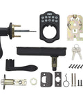 Keyless Entry Door Lock With Matte Black Handle Set And Electronic Keypad, Motorized Deadbolt For Front Door, components spread out