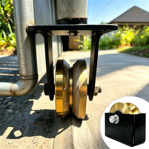 4 Inch Sliding Door Rollers V Groove Wheels With Welded Brackets Double Bearing 3000 Lb Capacity close-up on track.