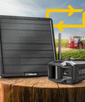 Zero Fuss Off Grid Farm Security Camera Using 4G LTE Cellular Data And Rock Solid Solar Setup close up with solar panel in field.