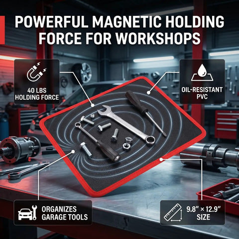 Heavy Duty Magnetic Tool Mat With 40 Lbs Holding Power For Garage And Workshop Grab And Go Anti Slip Tray Keeps Screwdrivers Wrenches Bolts And Auto Repair Tools Neat And Ready, 9.8 x 12.9 in PVC