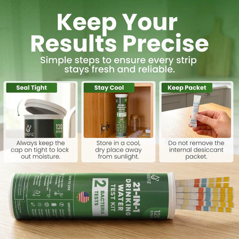 Comprehensive Drinking Water Test Kit With 120 Strips And Two Bacteria Checks For Tap Wells on a wooden table with usage instructions.